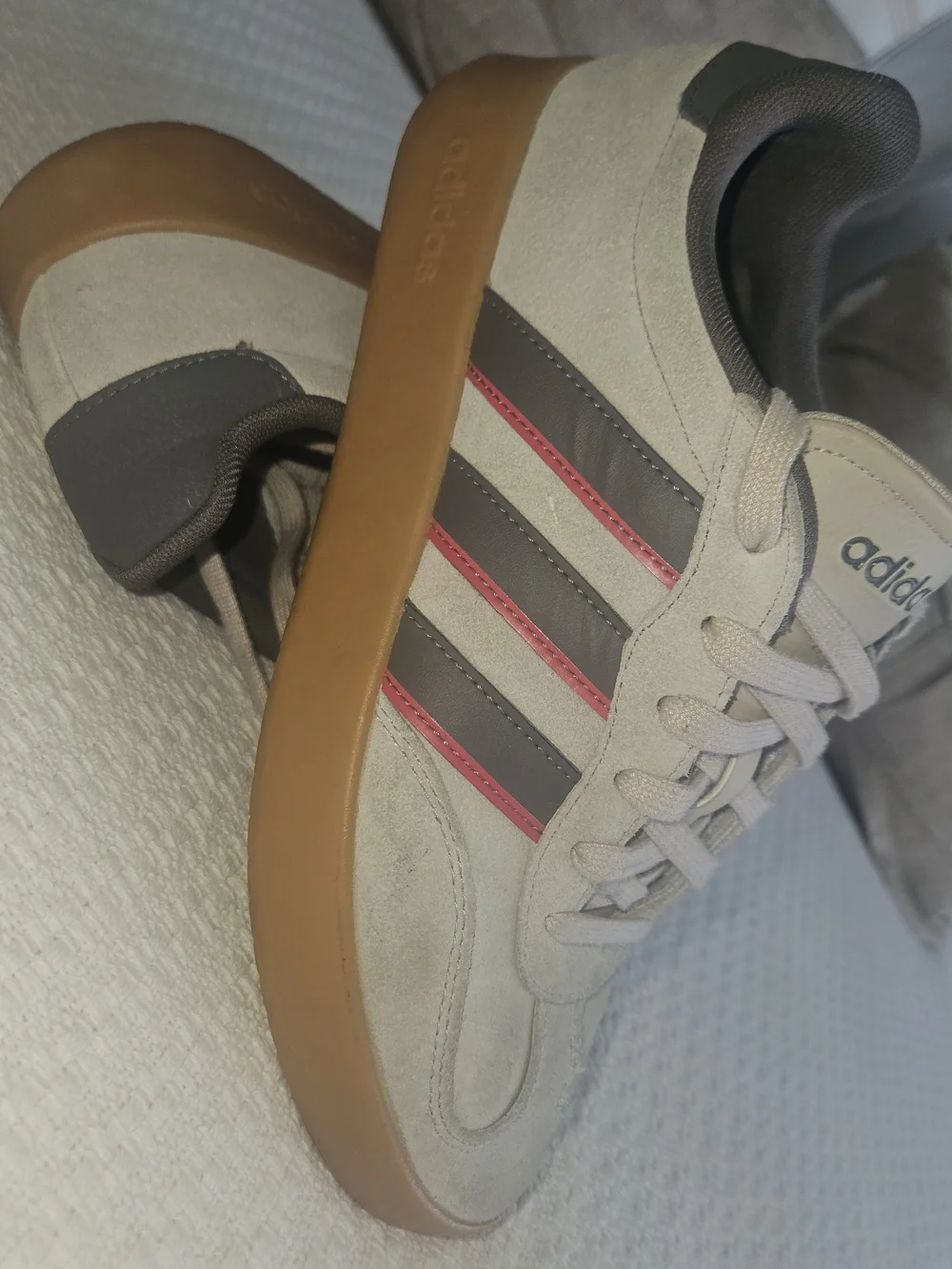adidas Men’s Beige Suede Sneakers with Black and Red Stripes